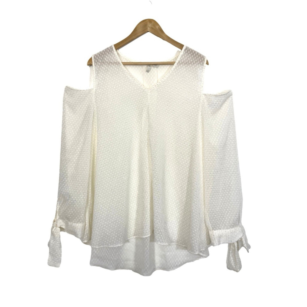Cato Swiss Dot Sheer Cold Shoulder Blouse Size 18/20W Hi Low Cream Boho Peasant